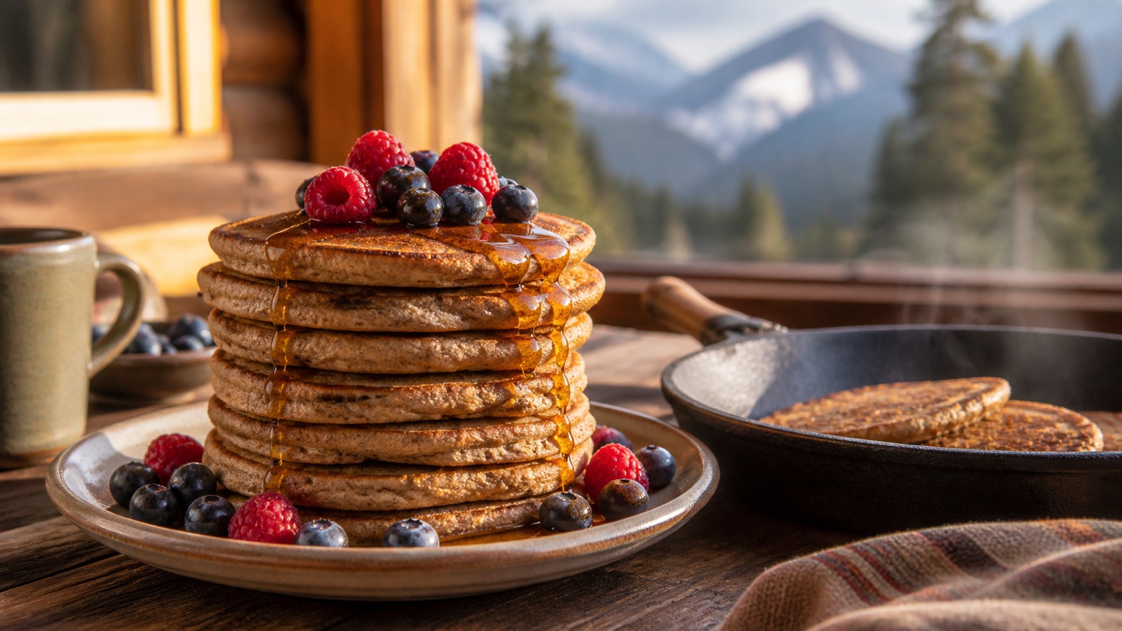 Berry-topped pancakes beside a cast-iron skillet in a sunlit mountain cabin
