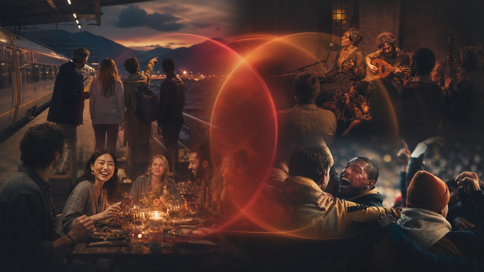 Editorial collage of travel, dining, culture, and sport connected by overlapping red and amber light