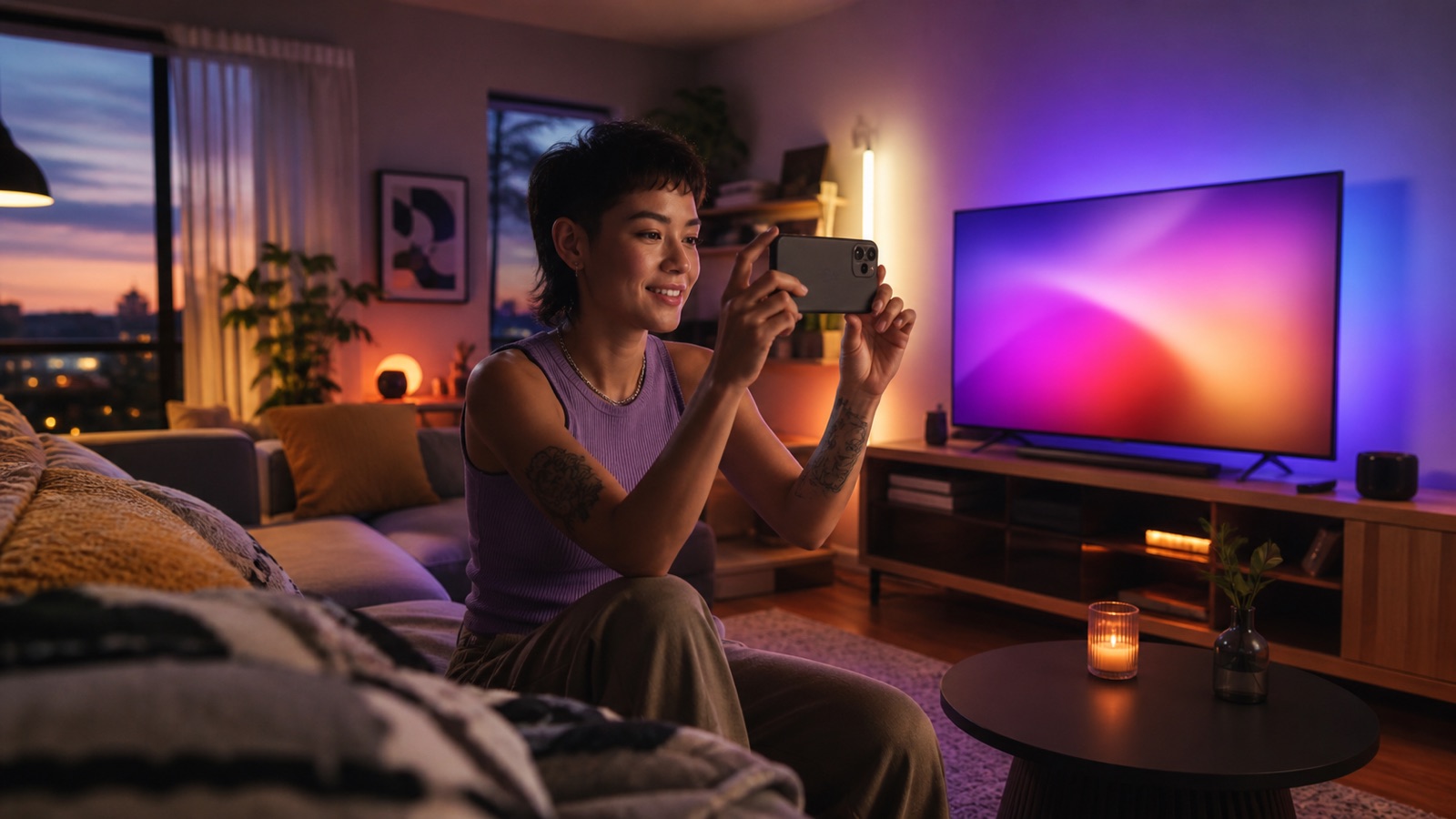 Creator filming a connected lifestyle moment in a warmly lit smart-home setting