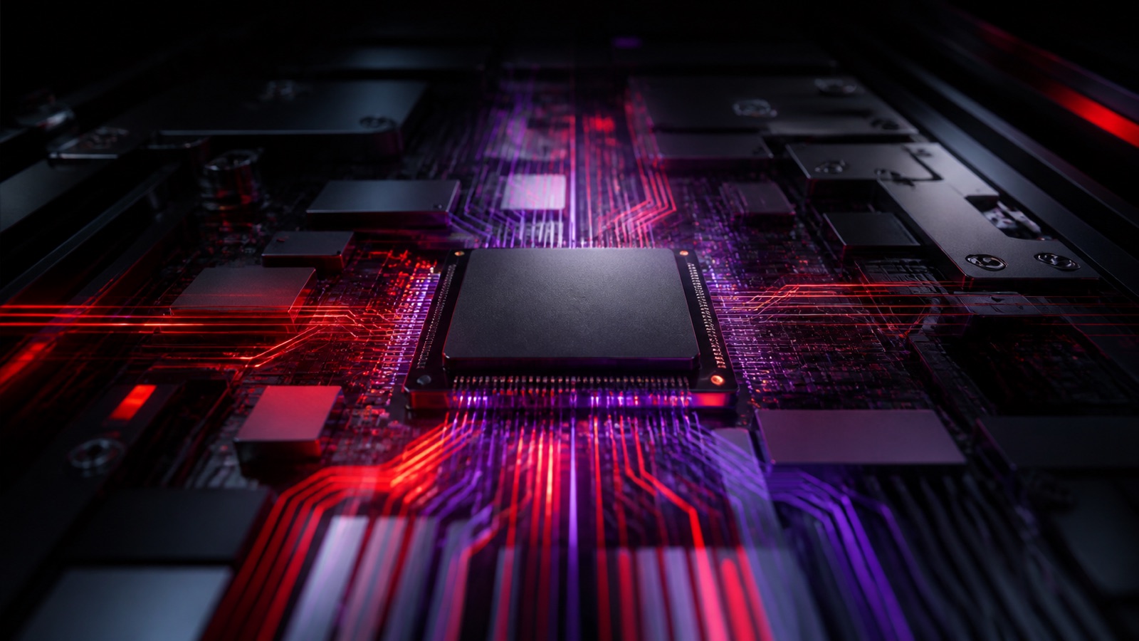 Abstract processor on a dark circuit board illuminated by red and violet data paths